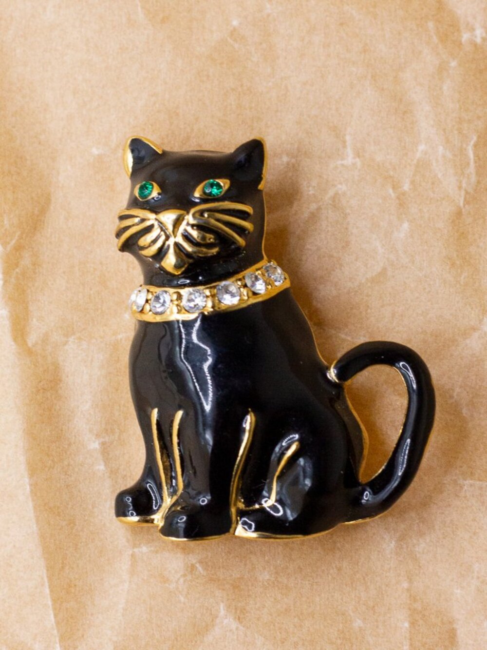 Vintage Monet Black Cat Brooch Rhinestone Collar Green Eyes